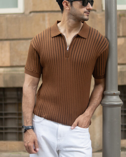 brown striped knit polo t shirt