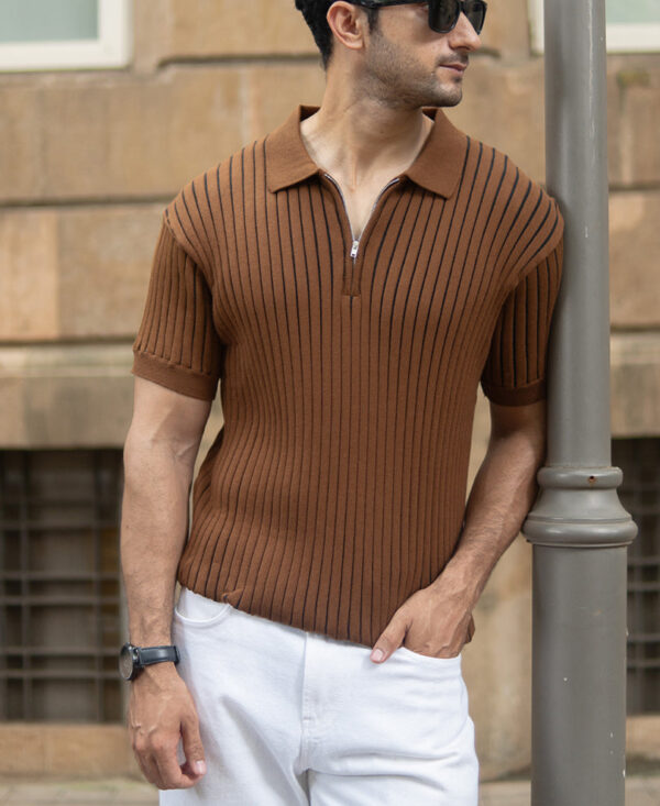 brown striped knit polo t shirt