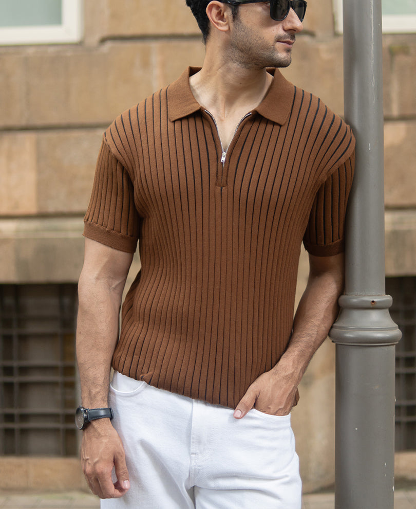 brown striped knit polo t shirt brown striped knit polo t shirt