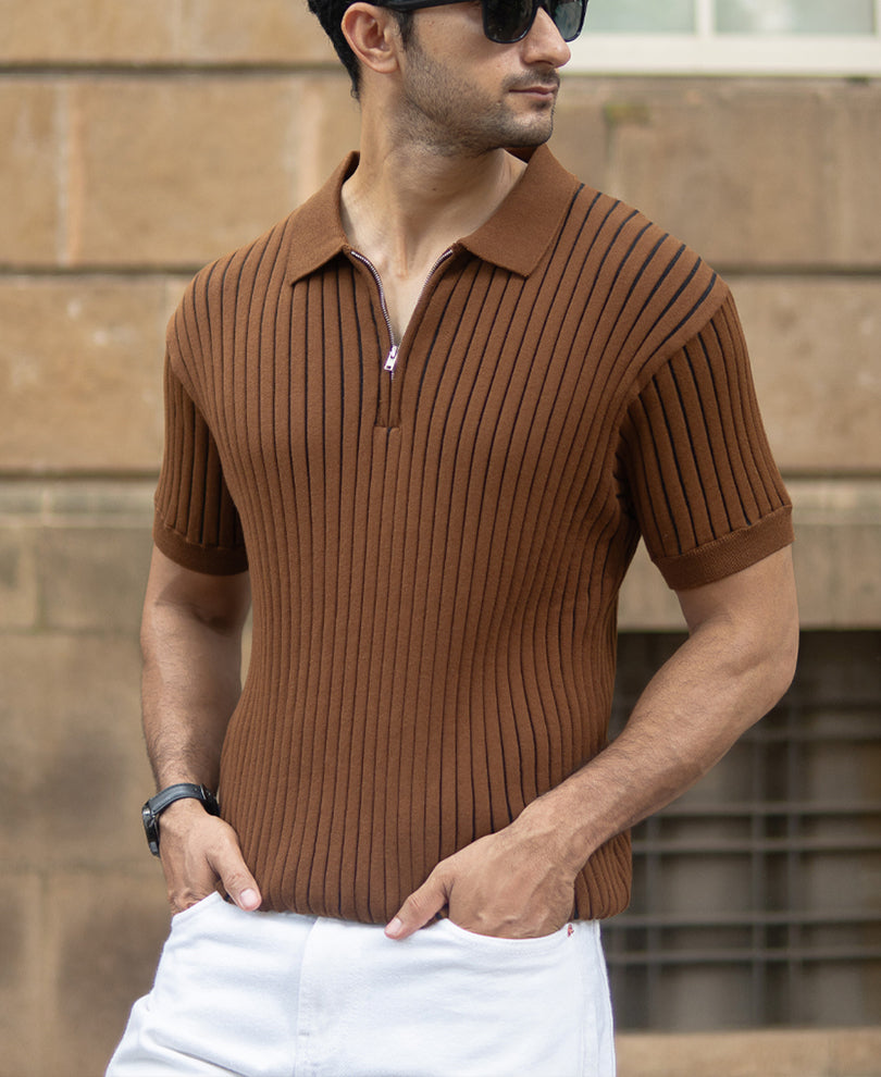 brown striped knit polo t shirt brown striped knit polo t shirt