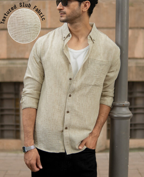 beige slub textured shirt