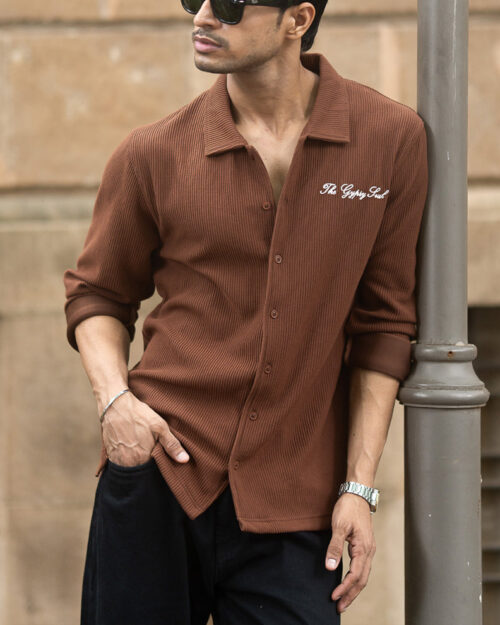 brown embroidered knit shirt