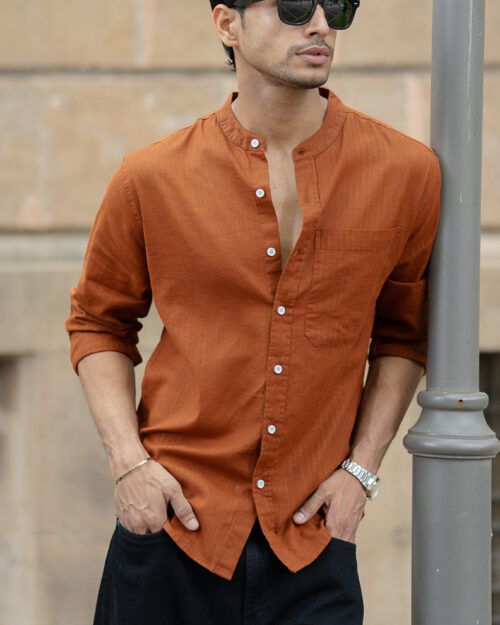 brown mandarin collar shirt