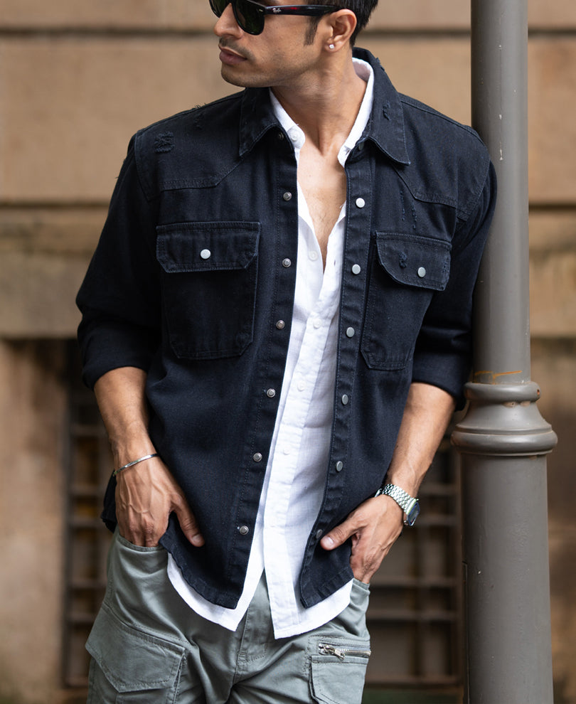 black distressed denim overshirt black distressed denim overshirt