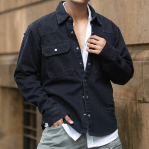 Home black distressed denim overshirt