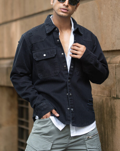 black distressed denim overshirt