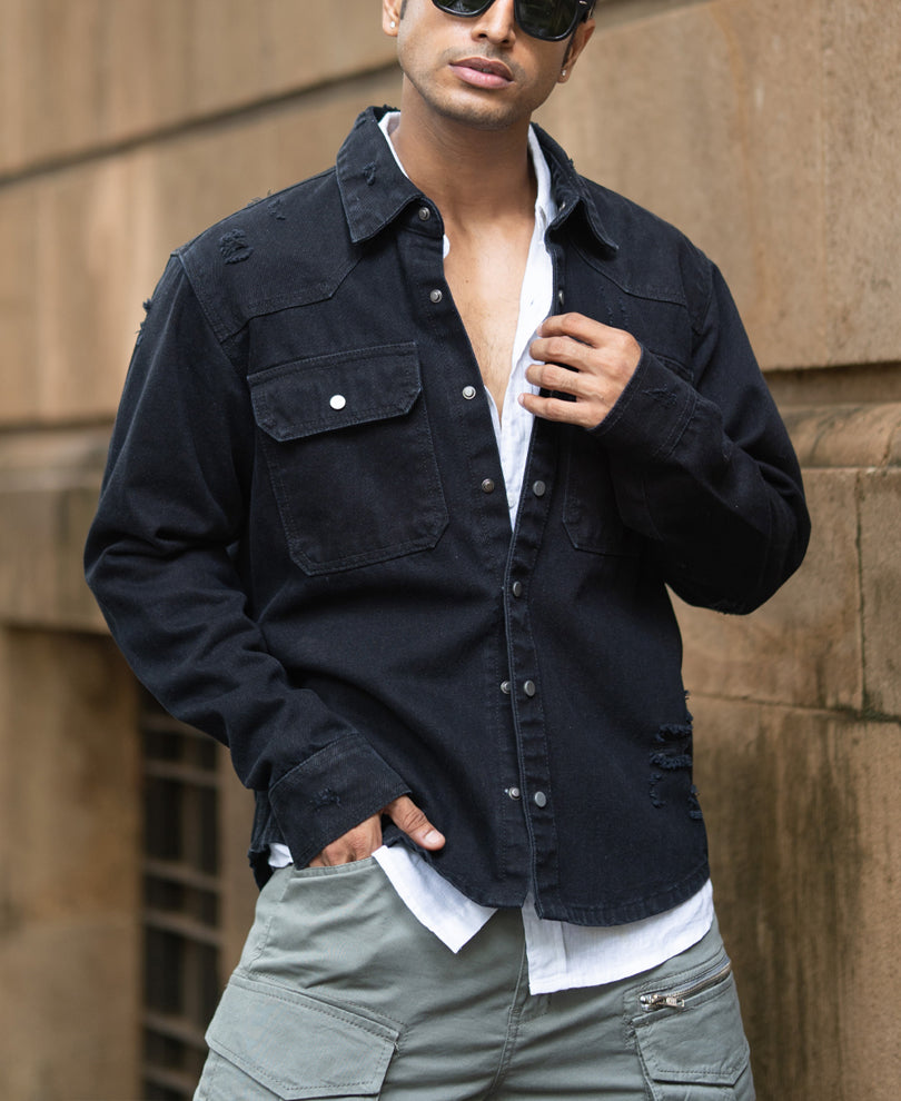 black distressed denim overshirt black distressed denim overshirt