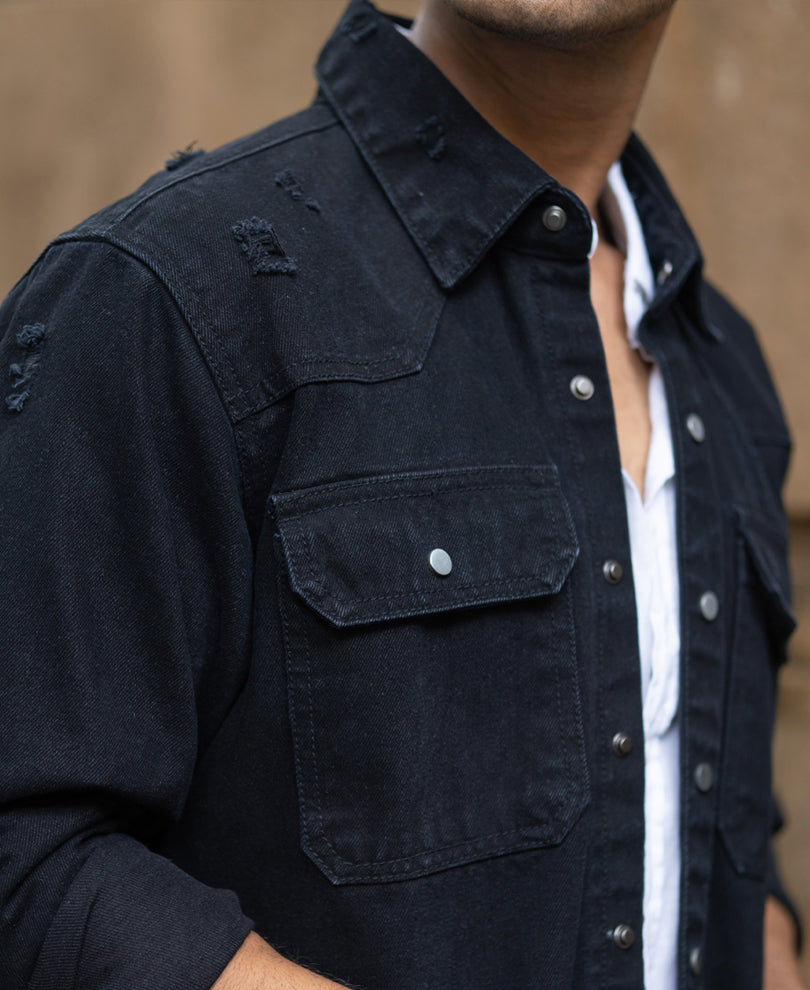 black distressed denim overshirt black distressed denim overshirt