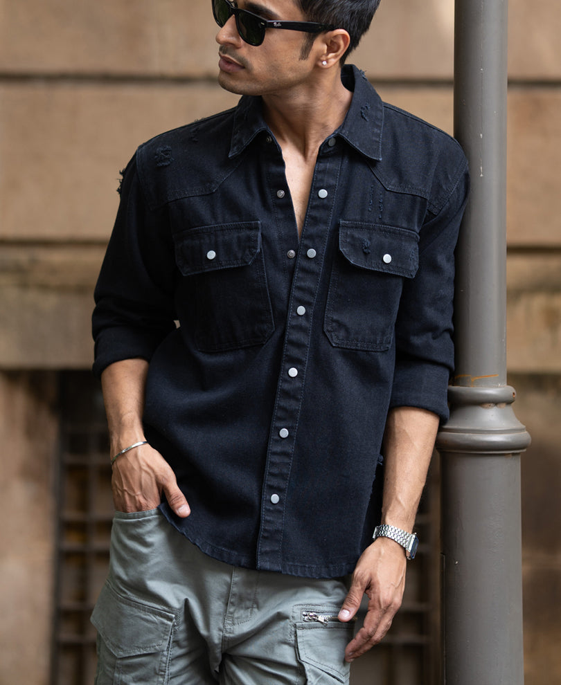 black distressed denim overshirt black distressed denim overshirt
