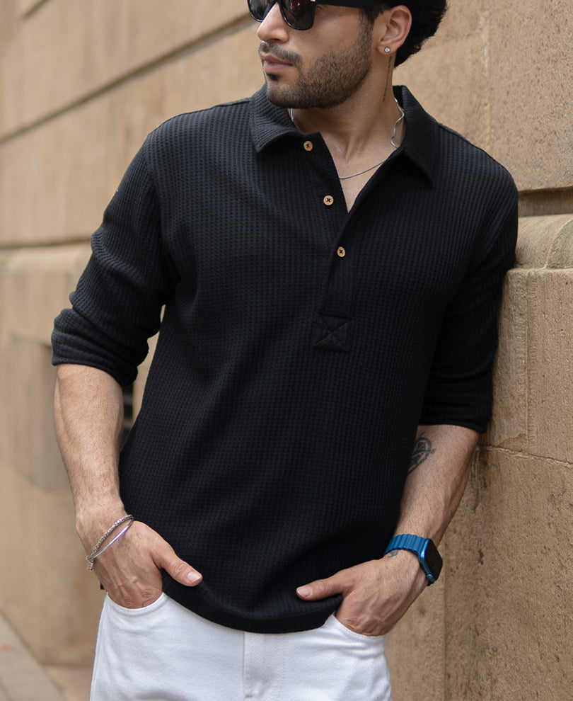 black knit polo neck shirt black knit polo neck shirt