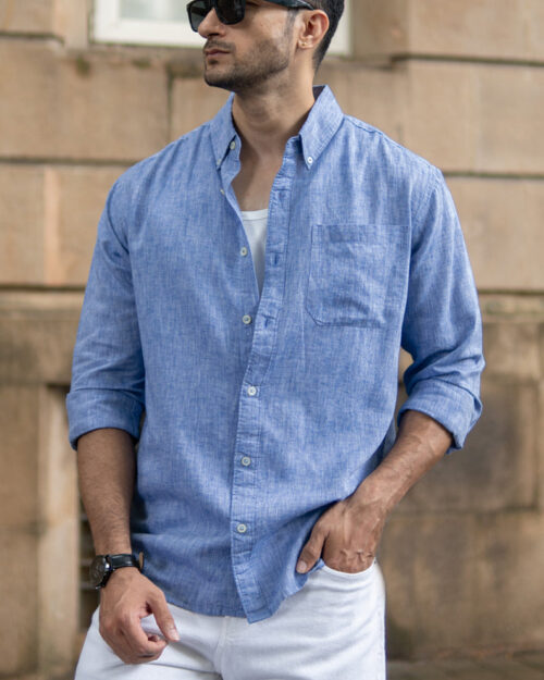 blue slub linen blend shirt