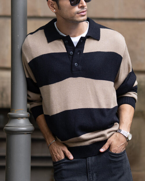 Home beige and black striped polo t shirt