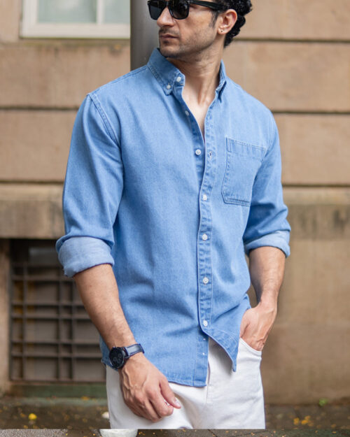 blue washed denim shirt