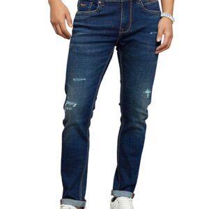 dark blue 5 pocket low rise tapered ankle length stretch jeans