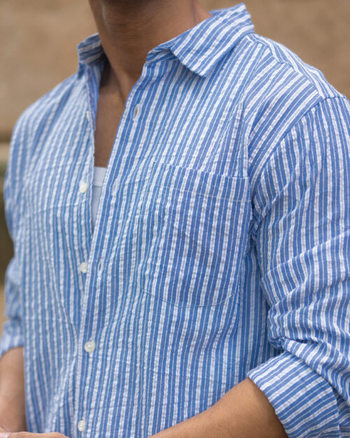 blue seersucker striped shirt