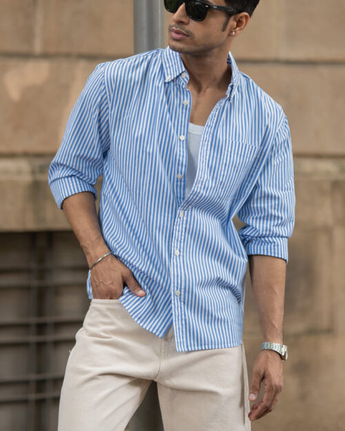blue cotton striped buttondown shirt