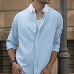 blue oxford contrast collar stripe shirt