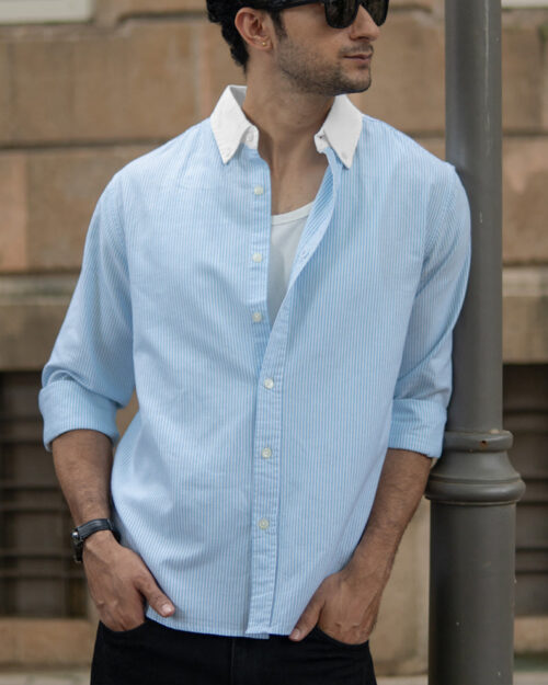 blue oxford contrast collar stripe shirt