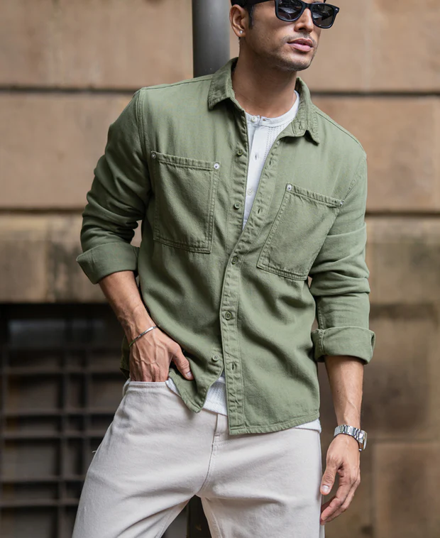 green textured cotton overshirt green textured cotton overshirt
