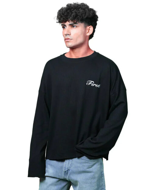 black oversized ribbed t shirt with minimal text print