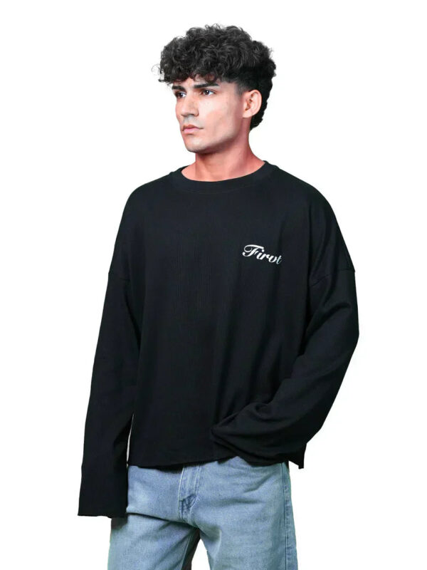 black oversized ribbed t shirt with minimal text print