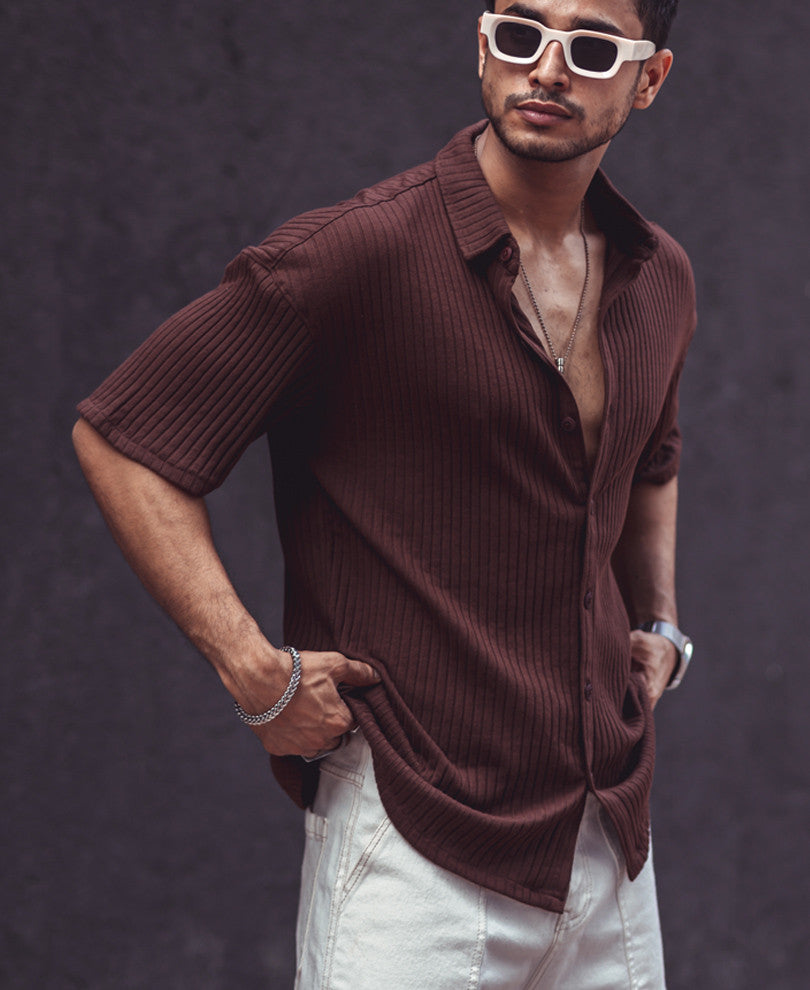 brown rib knit oversize drop shoulder shirt brown rib knit oversize drop shoulder shirt