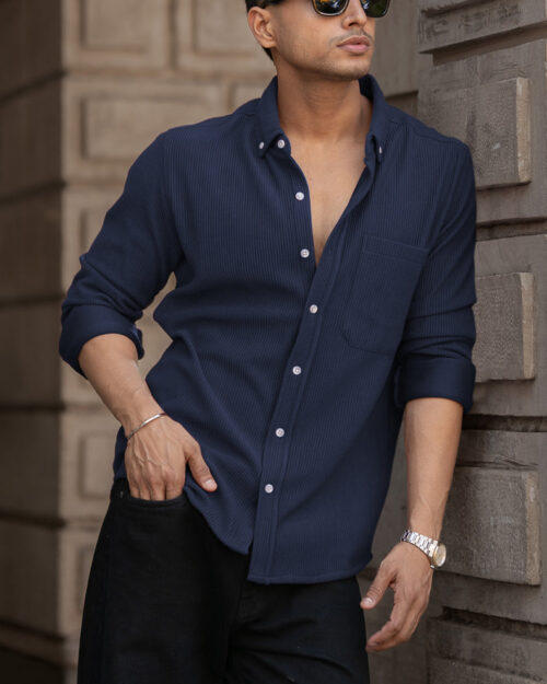 blue corduroy regular fit full sleeves shirt