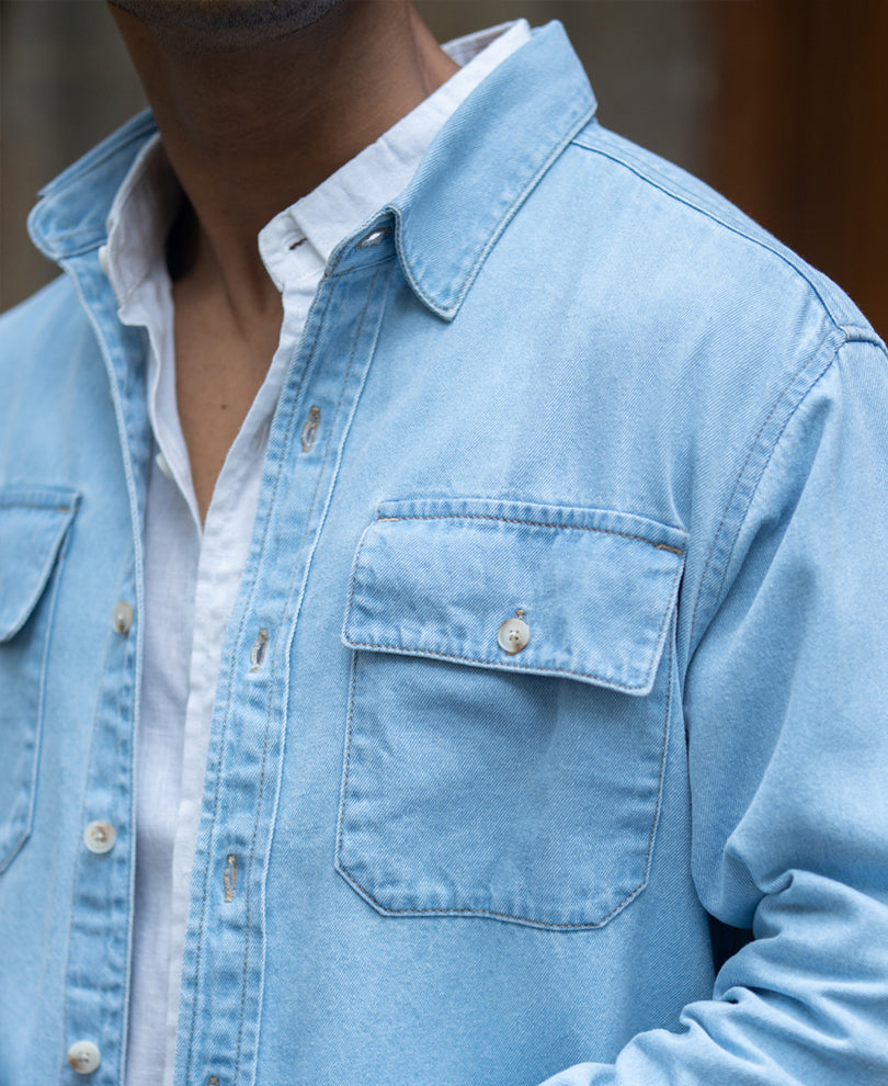 blue washed denim double pocket shirt blue washed denim double pocket shirt