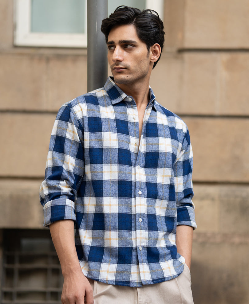 blue brushed regular fit checks shirt blue brushed regular fit checks shirt