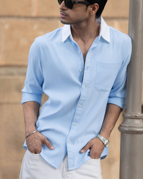 blue oxford shirt with contrast collar