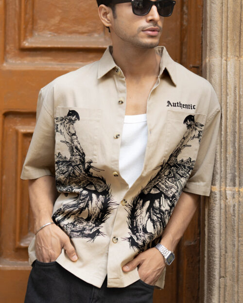 Home beige cowboy print boxy shirt