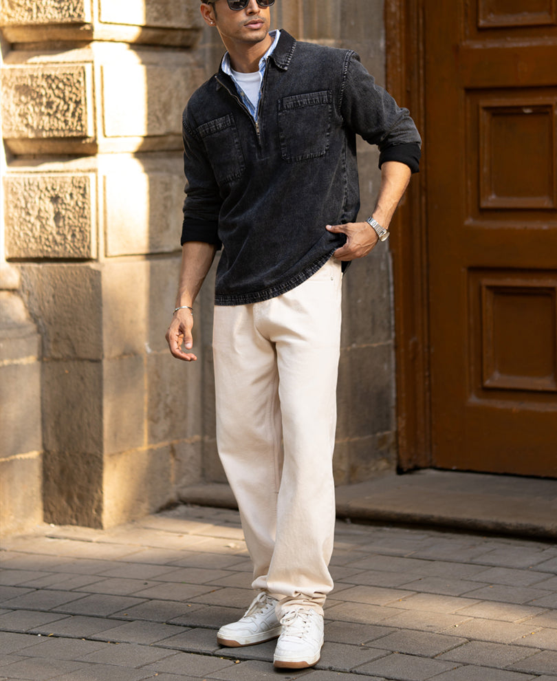 black washed denim polo shirt black washed denim polo shirt