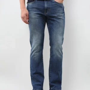 dk blue 5 pocket mid rise slim straight fit jeans