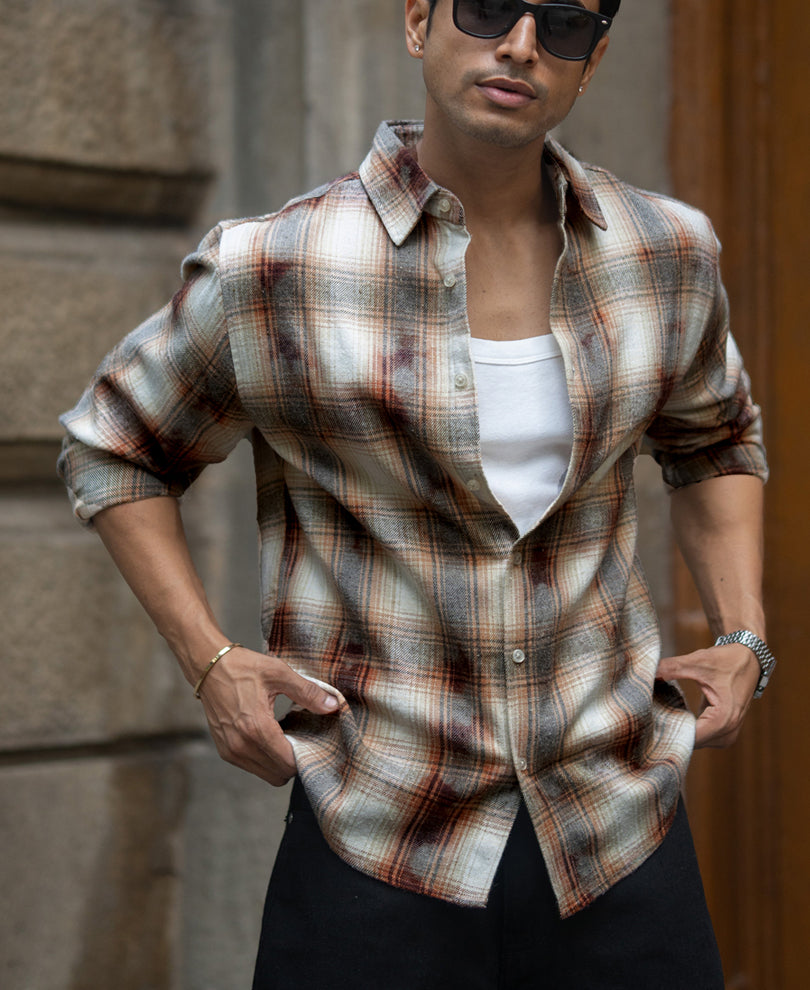 beige washed checks shirt beige washed checks shirt