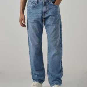 dk blue 5 pocket mid rise loose boot leg jeans