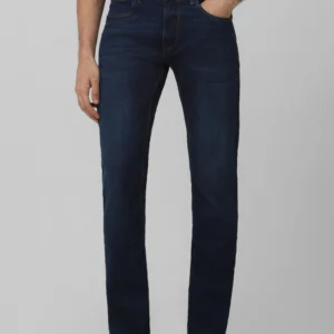 dark blue 5 pocket mid rise slim straight fit classic stretch jeans