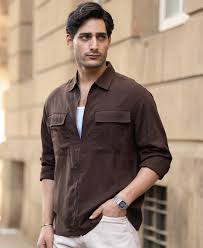 coffee brown linen blend zipper shirt