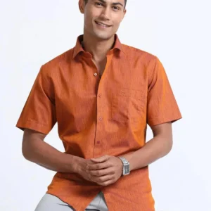 coral orange linen blend shirt