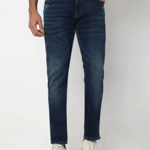 dark blue 5 pocket mid rise slim straight fit classic stretch jeans