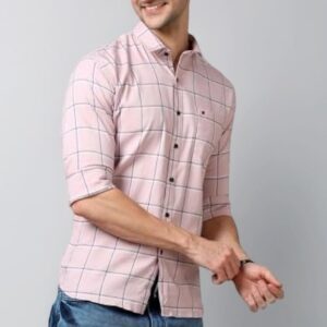 stylish pink & white checkered cotton shirt for men