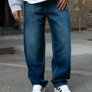 dark blue tinted baggy jeans