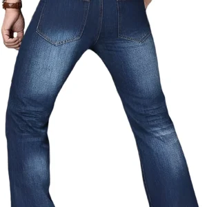 dark blue 5 pocket mid rise cropped length loose boot leg stretch jeans