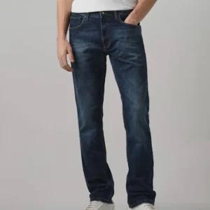 dark blue 5 pocket mid rise slim straight fit knit stretch jeans