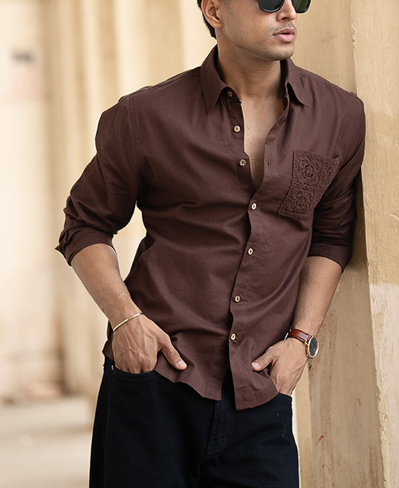 brown full sleeves regular fit linen shirt brown full sleeves regular fit linen shirt