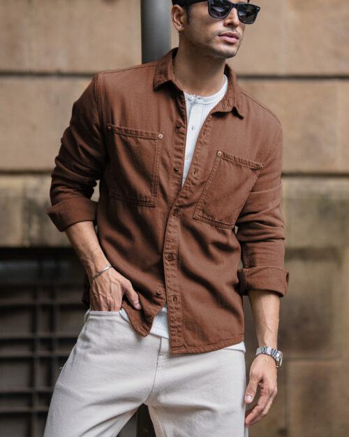 brown textured cotton overshirt