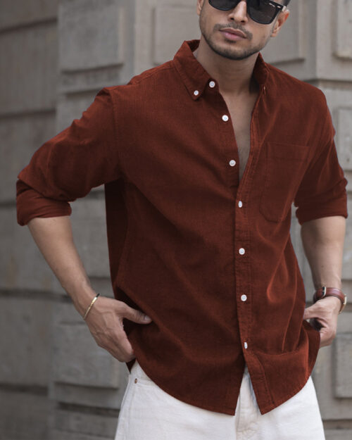 brown corduroy regular fit full sleeves shirt