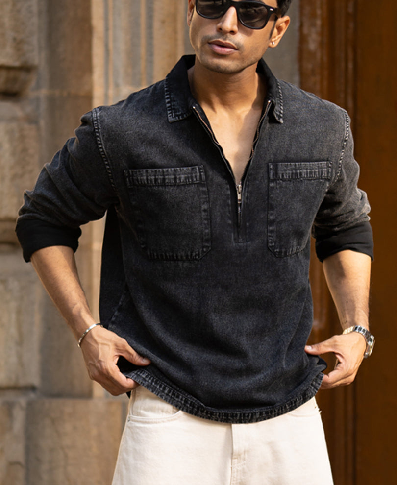 black washed denim polo shirt black washed denim polo shirt