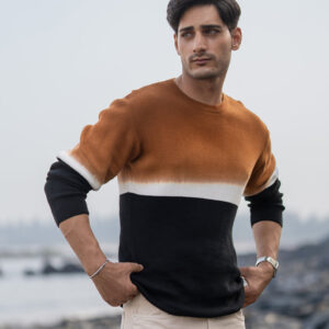 brown and black stripe knit t shirt