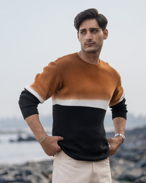 brown and black stripe knit t shirt