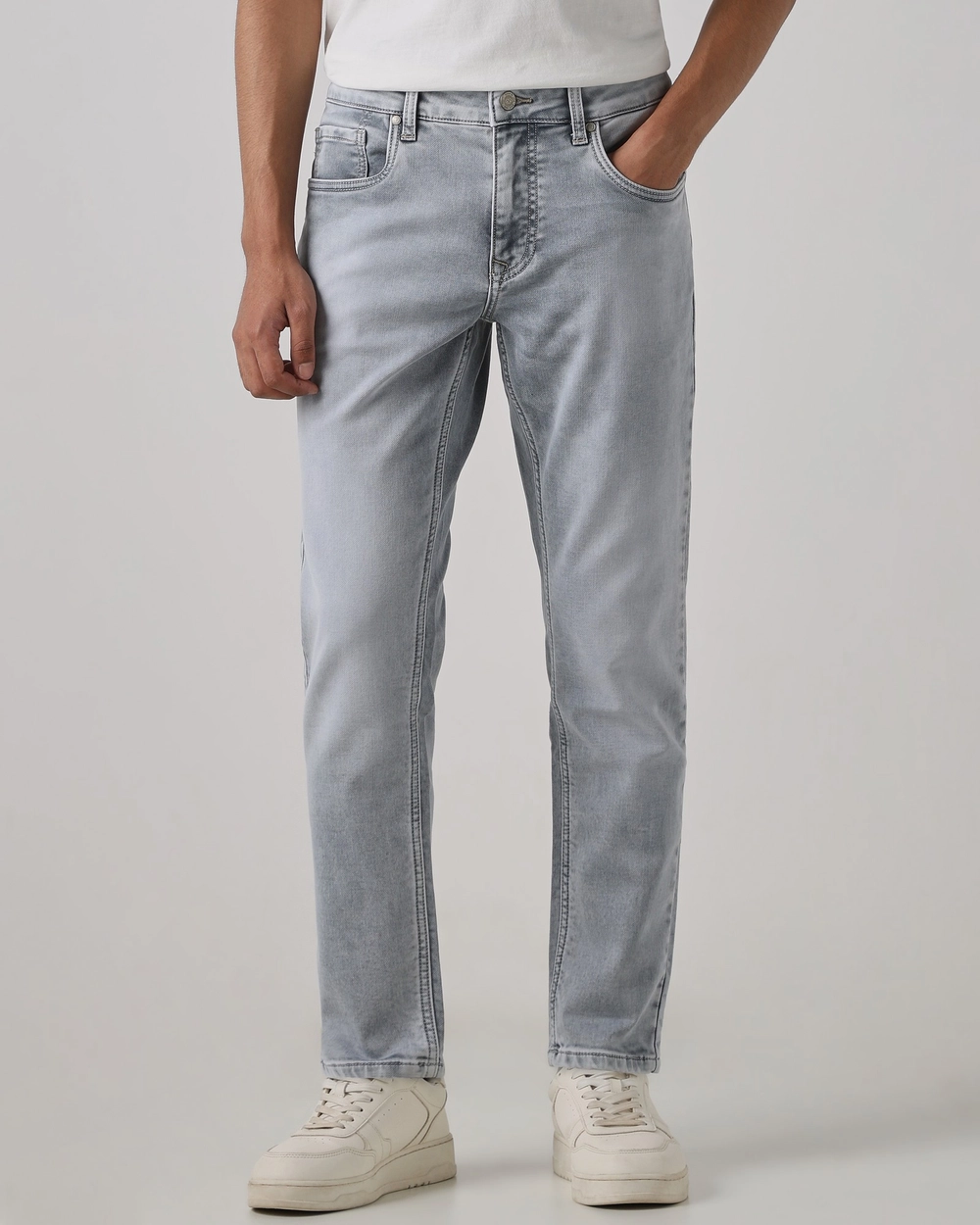 grey 5 pocket midrise, comfort and straight crop length stretch jeans grey 5 pocket midrise, comfort and straight crop length stretch jeans